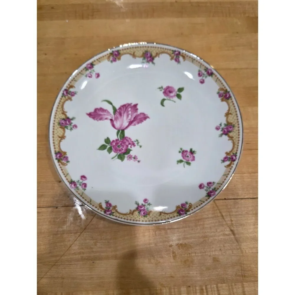 Antique Z S & Co Bavaria Pink Tulip Purple Rose Porcelain Plate Gold Rim